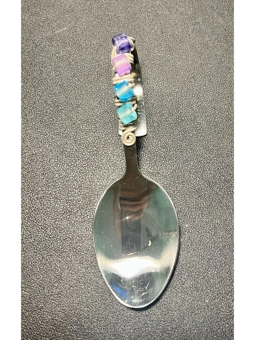 Artisan Vintage 1990s 6 Bent Stainless Steel Appetizer Spoons Lucite Beads, 5.5”